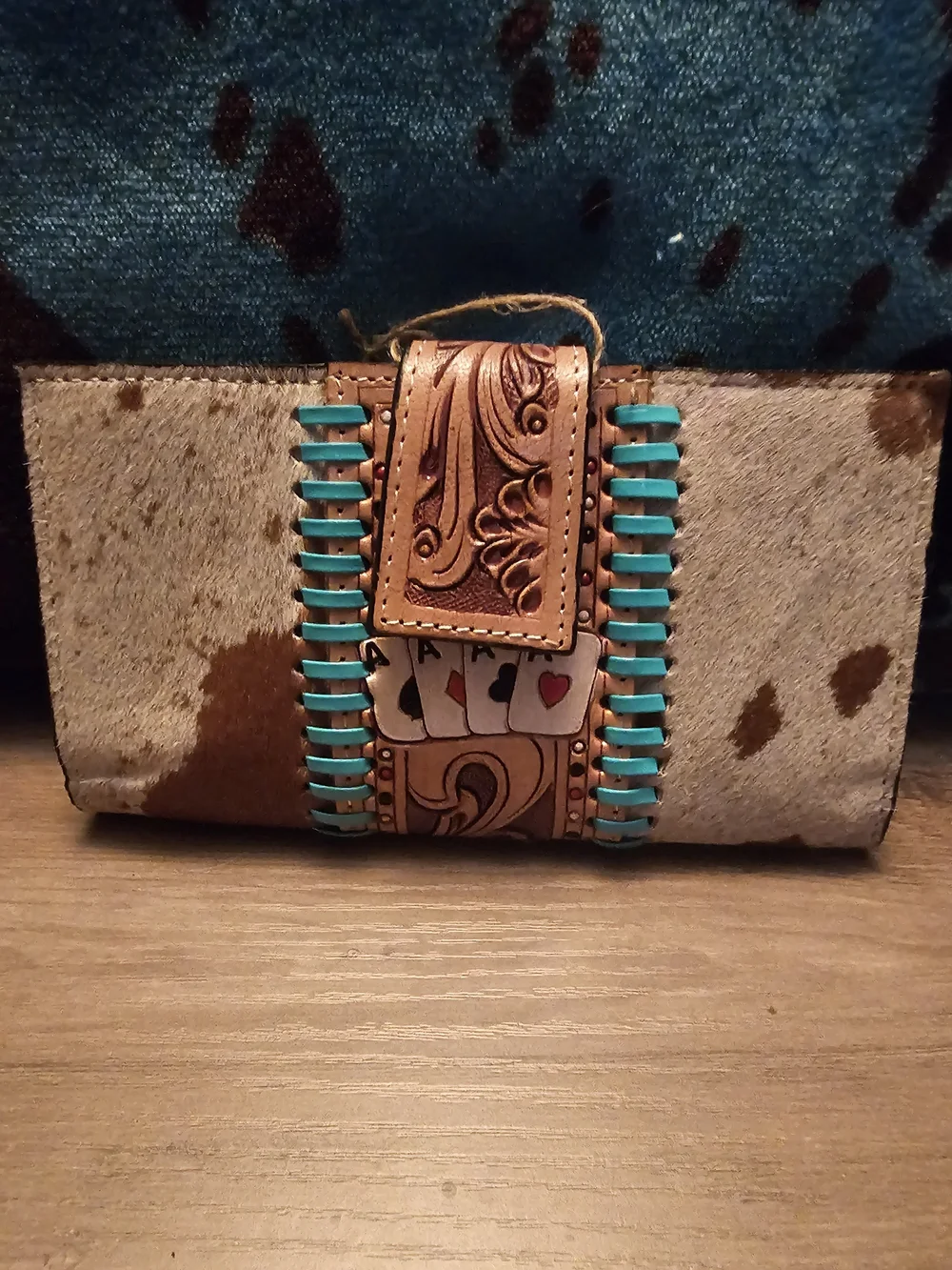 Cowhide & Turquoise Accent Leather Wallet - Western Playing Cards Design